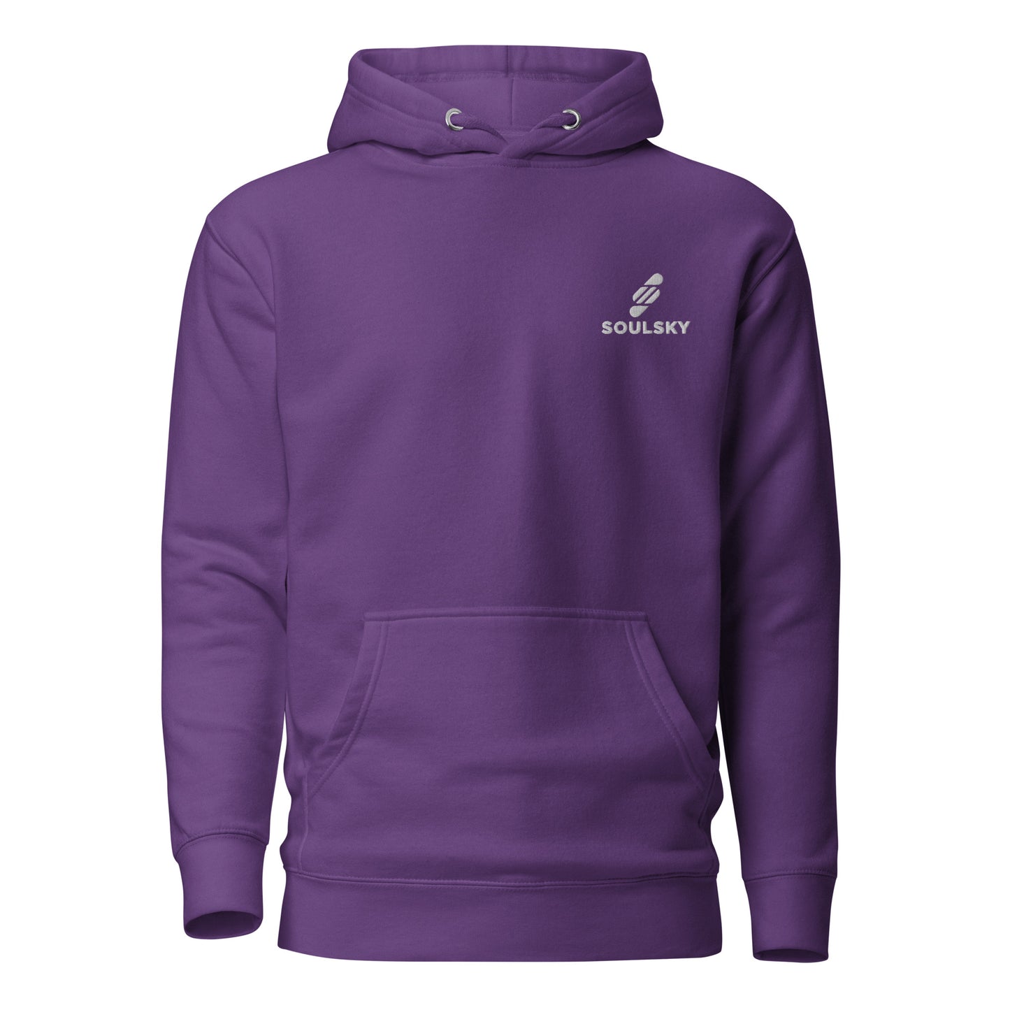 Unisex premium purple hoodie with a white embroidered SOULSKY logo on the left chest side.