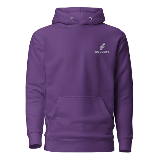 Unisex premium purple hoodie with a white embroidered SOULSKY logo on the left chest side.