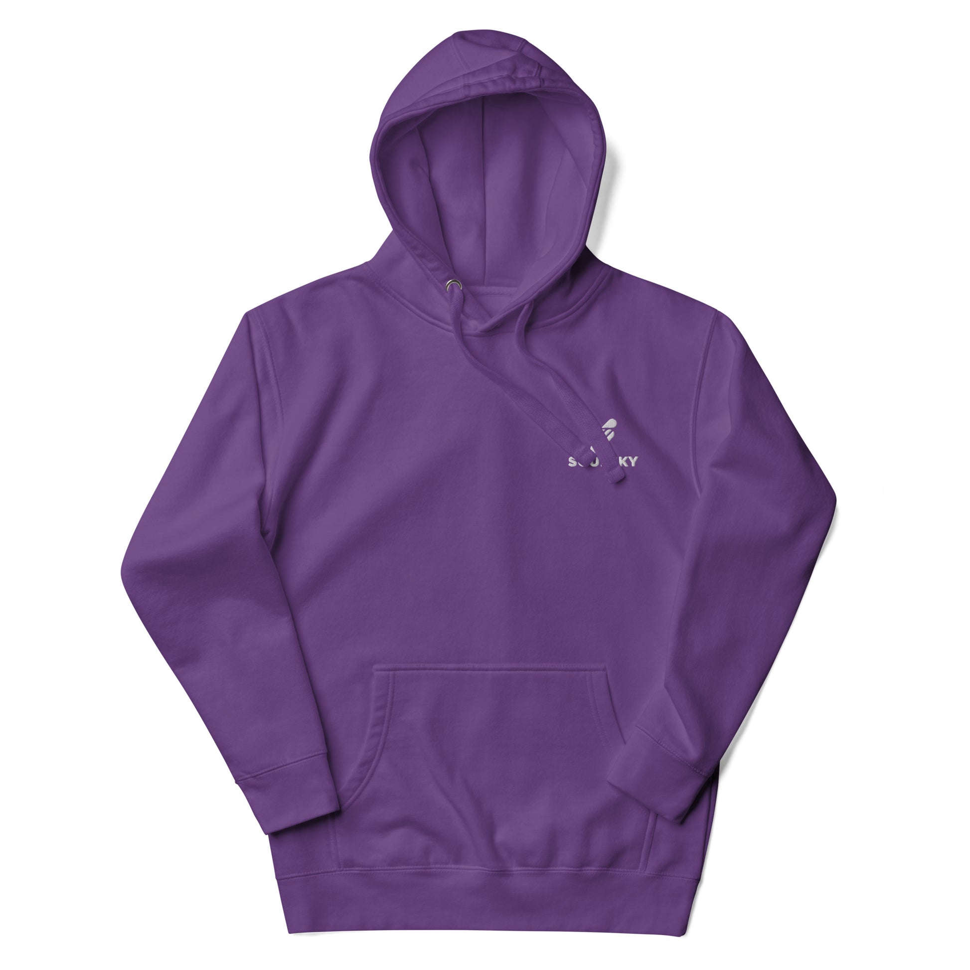 Unisex premium purple hoodie with a white embroidered SOULSKY logo on the left chest side. Hood is up.