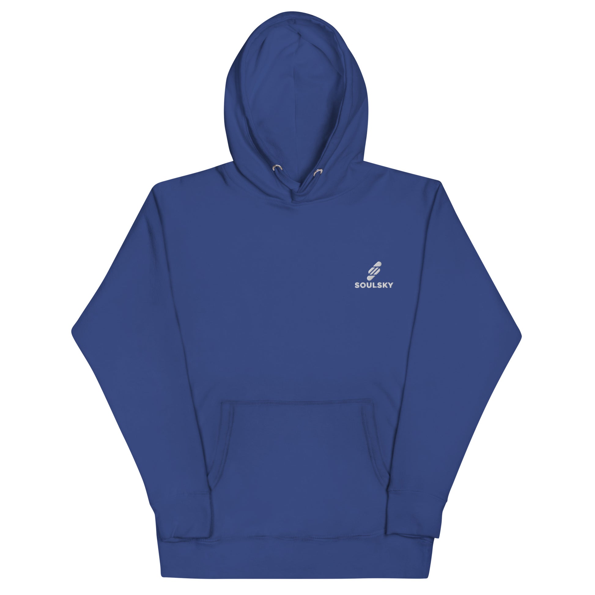 Unisex premium royal blue hoodie with a white embroidered SOULSKY logo on the left chest side. Hoodie is up.