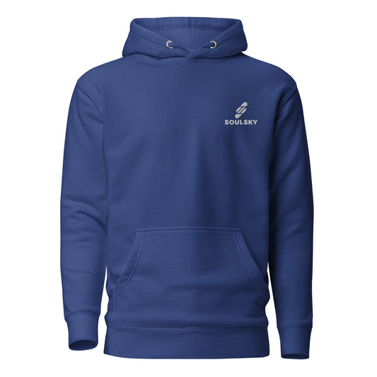Unisex premium royal blue hoodie with a white embroidered SOULSKY logo on the left chest side.