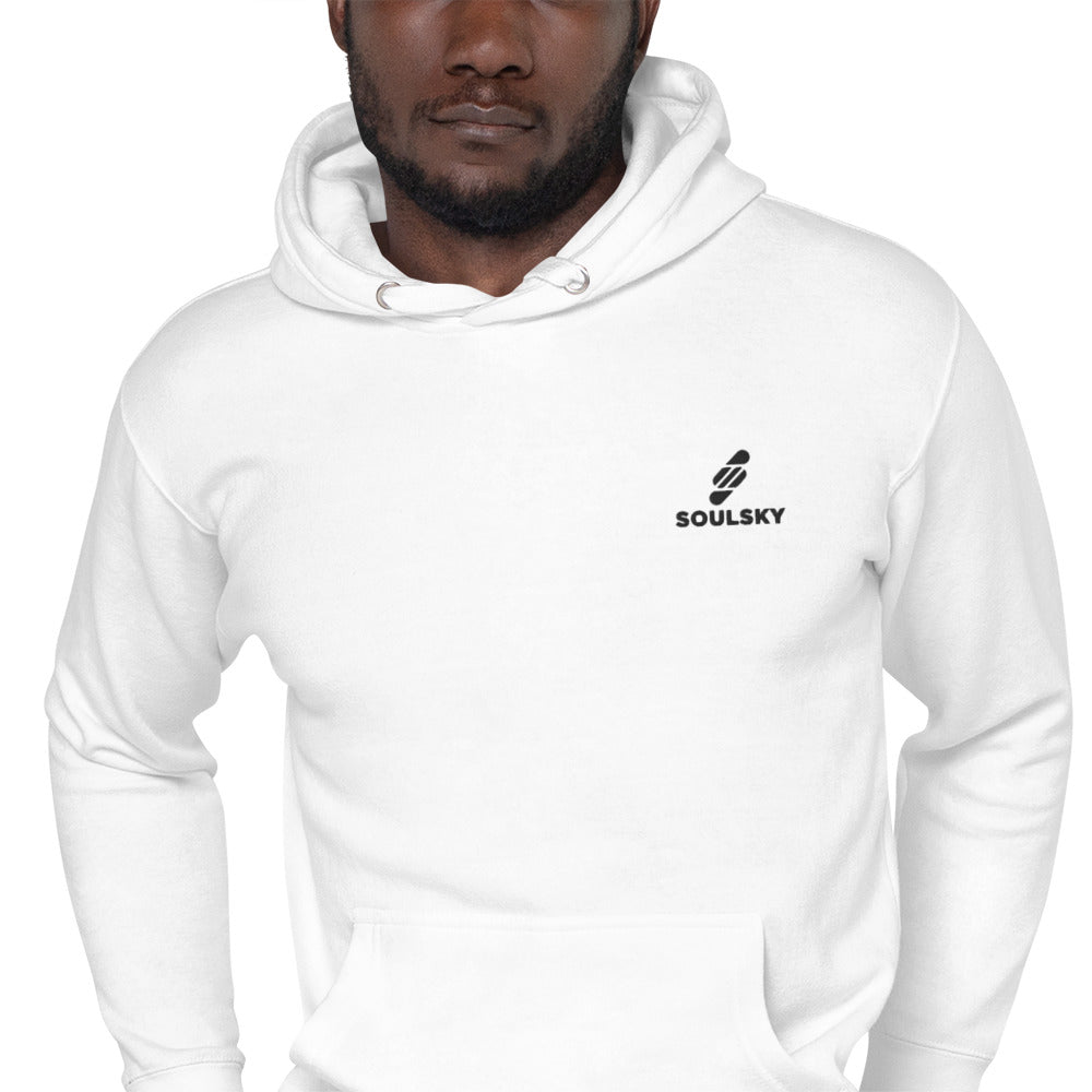 Black male model wearing a unisex premium white hoodie with a black embroidered SOULSKY logo on the left chest side.