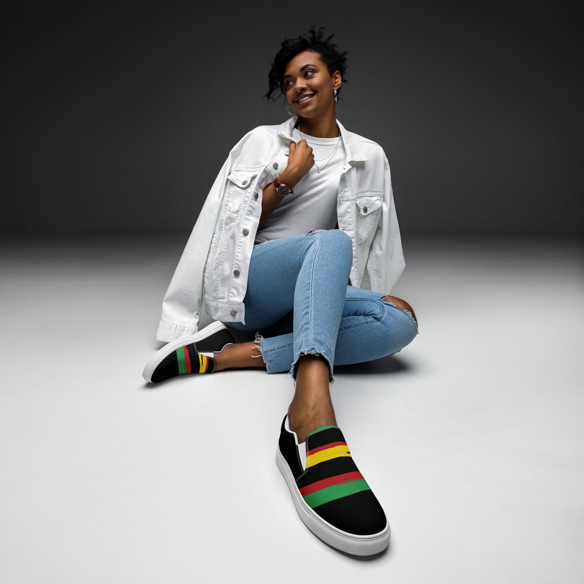AFRICA STRIPES Women’s Slip-On Canvas Shoes (Black) - SOULSKY
