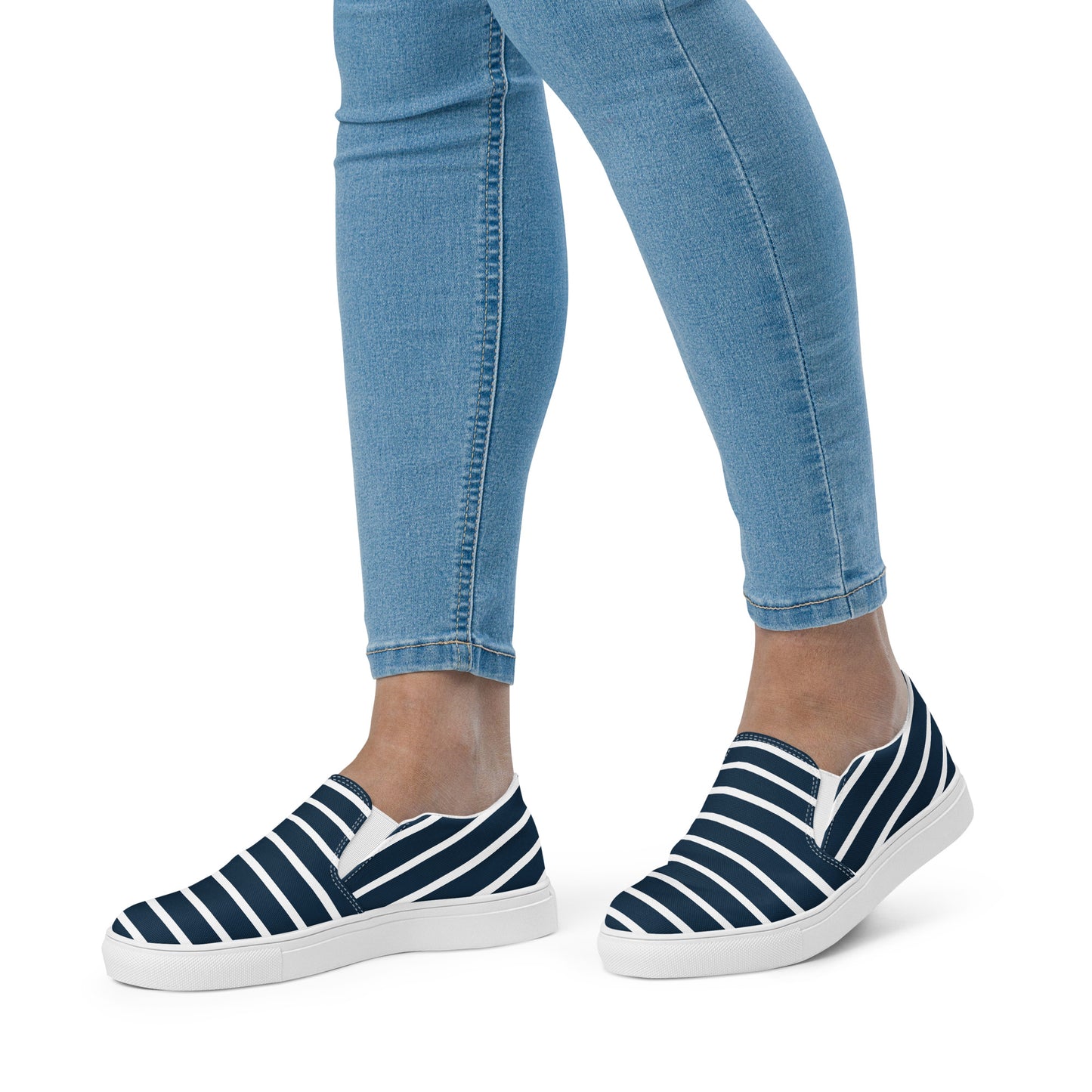Women’s Slip-On Canvas Shoes (Navy Blue, White Stripes)