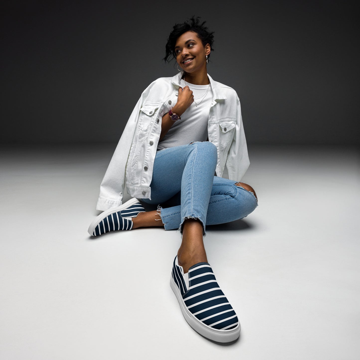 Women’s Slip-On Canvas Shoes (Navy Blue, White Stripes)