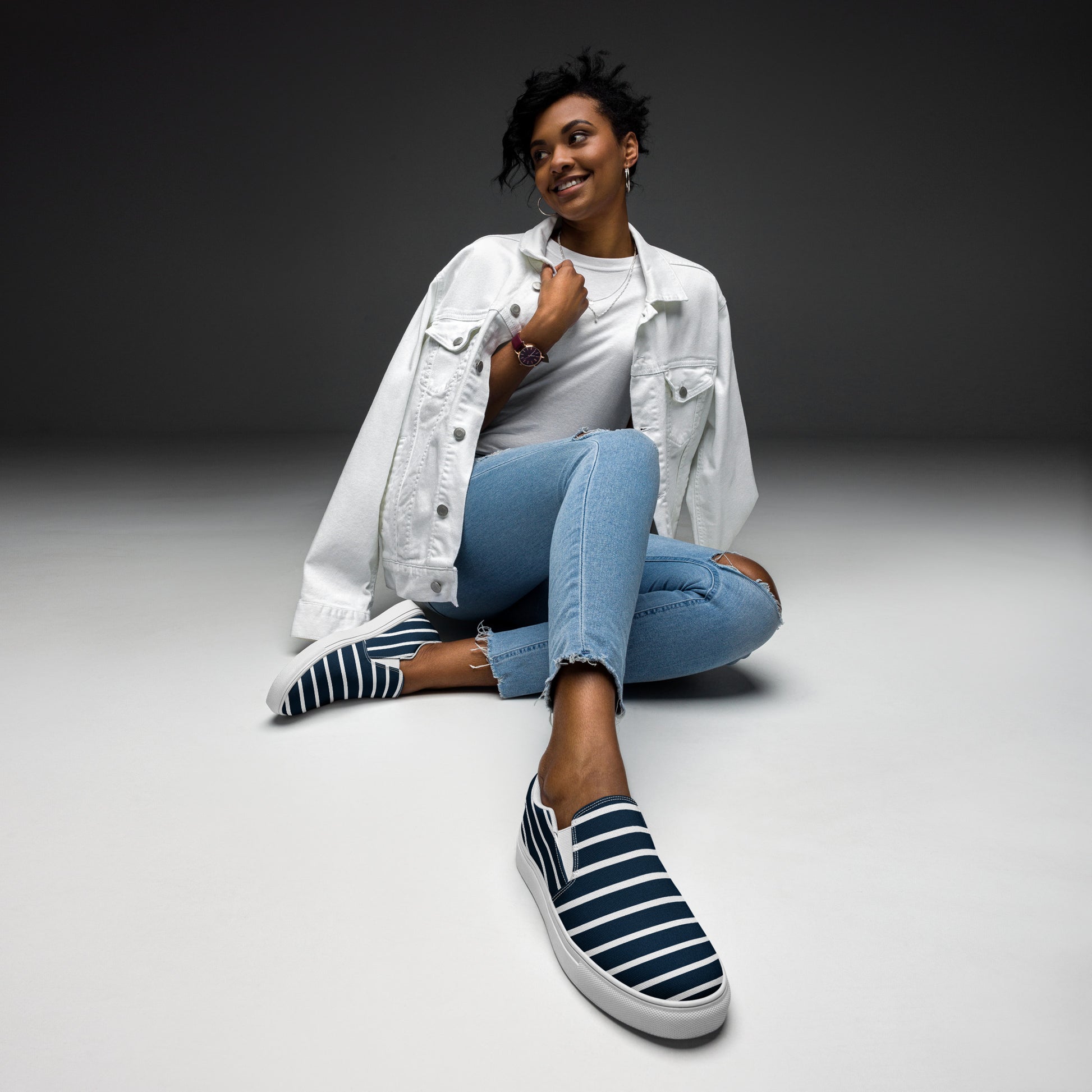 Women’s Slip-On Canvas Shoes (Navy Blue, White Stripes) - SOULSKY