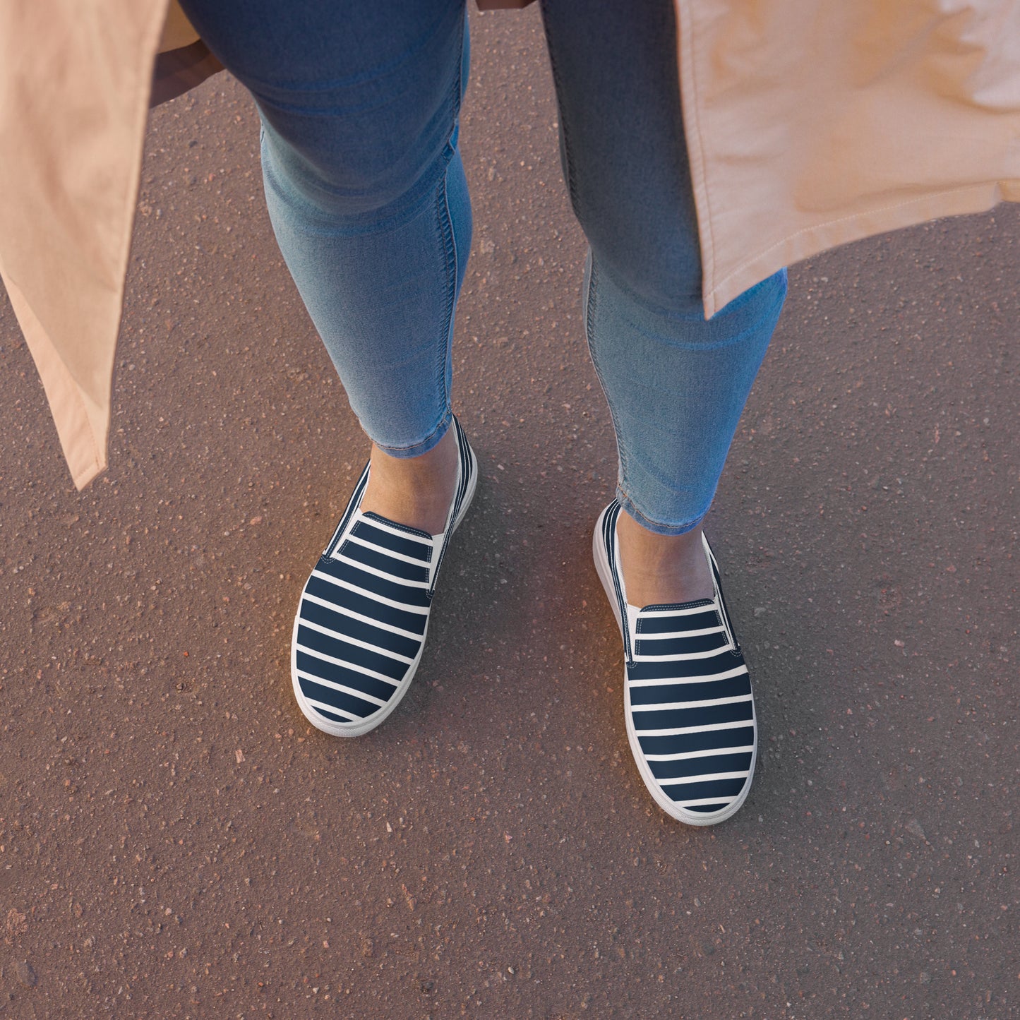 Women’s Slip-On Canvas Shoes (Navy Blue, White Stripes)