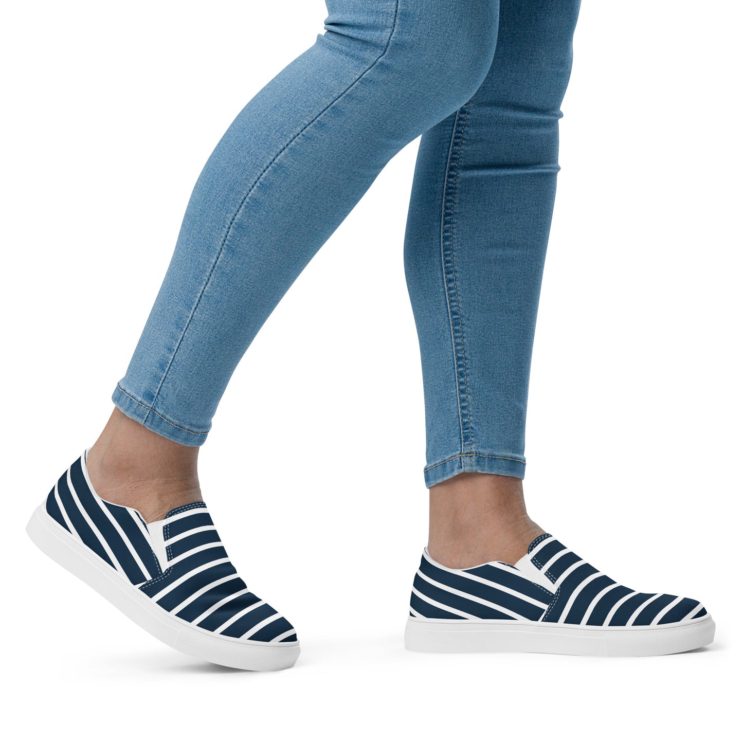 Women’s Slip-On Canvas Shoes (Navy Blue, White Stripes)