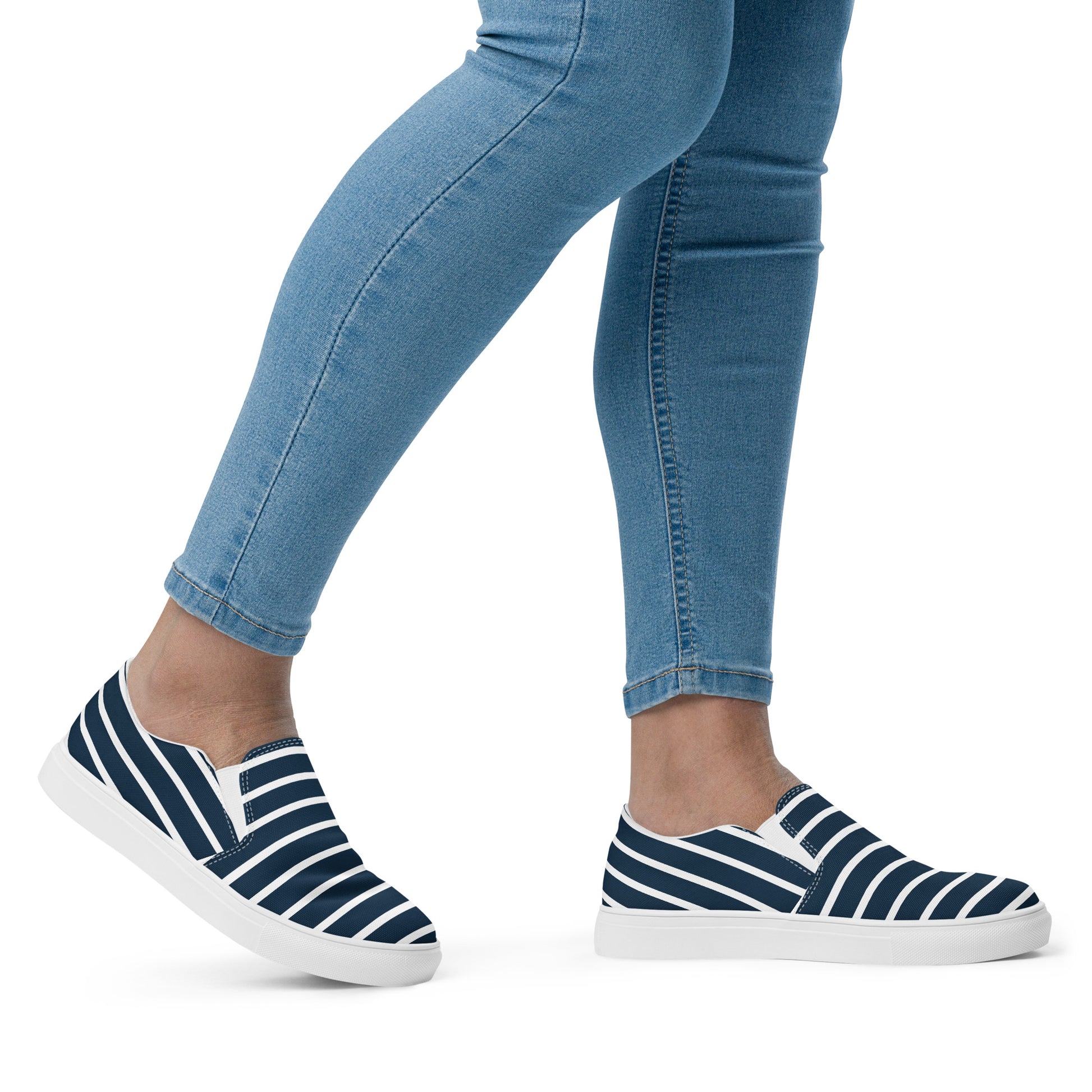 Women’s Slip-On Canvas Shoes (Navy Blue, White Stripes) - SOULSKY