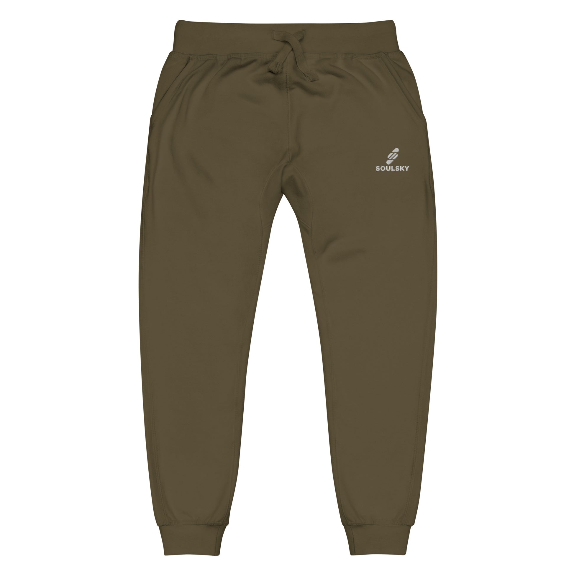 Military green unisex joggers with white embroidered logo on left thigh that says "SOULSKY".