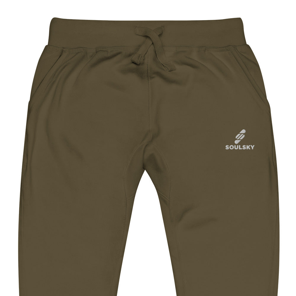 Top half pic of military green unisex joggers with white embroidered logo on left thigh that says "SOULSKY".