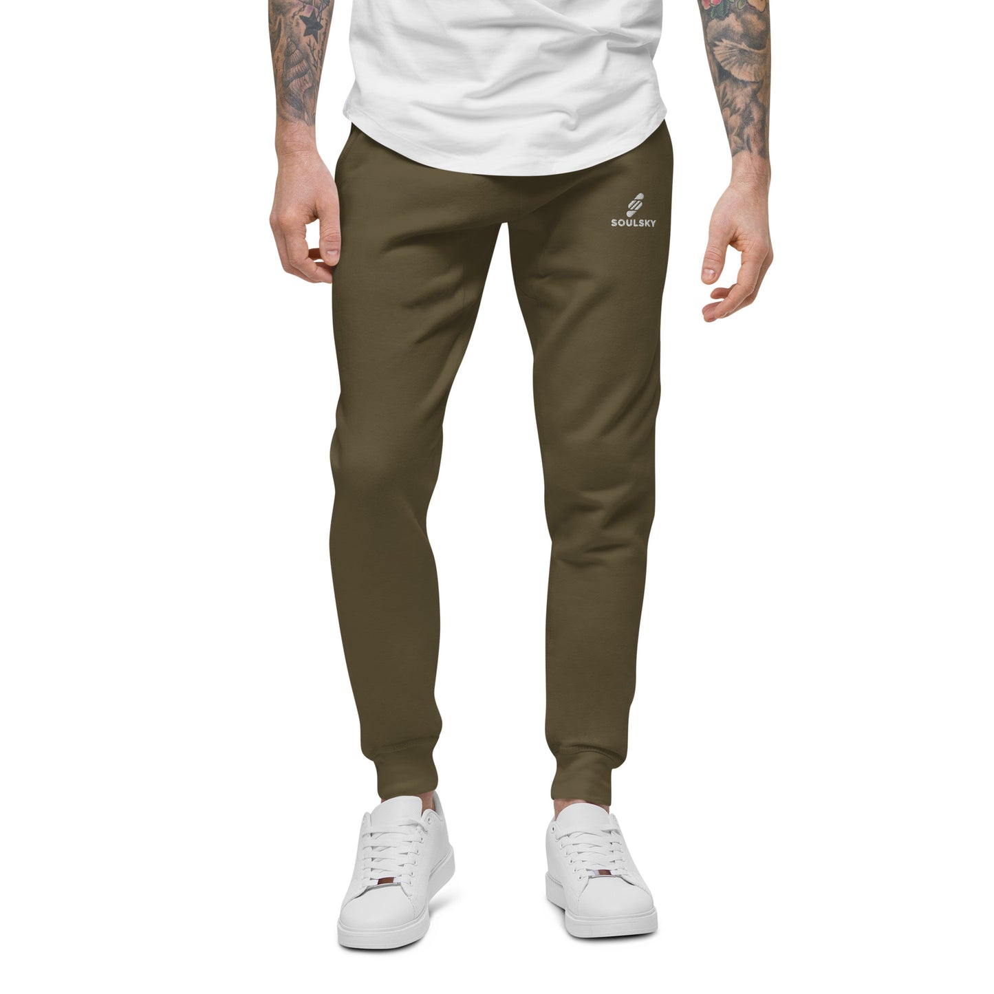 Male model wearing military green unisex joggers with white embroidered logo on left thigh that says "SOULSKY".