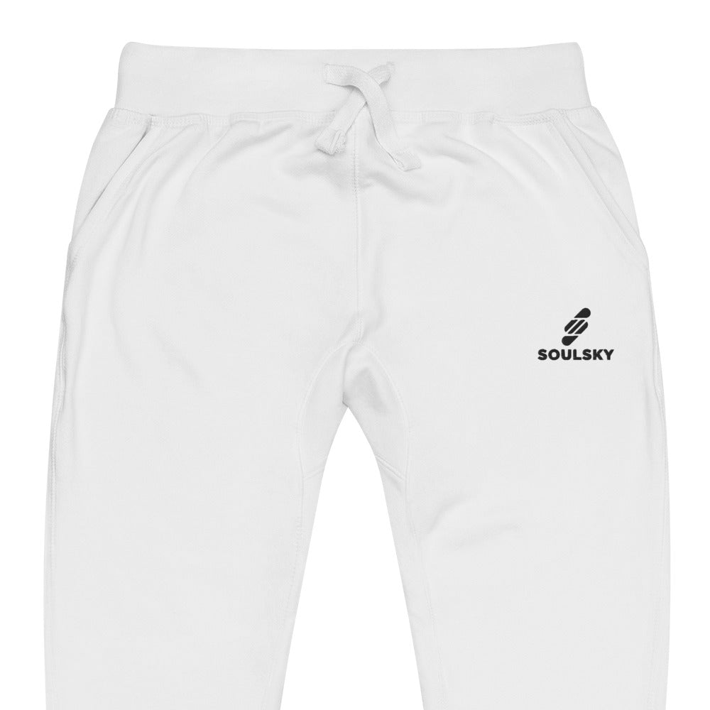 Half pic of white unisex joggers with black embroidered logo on left thigh that says "SOULSKY".