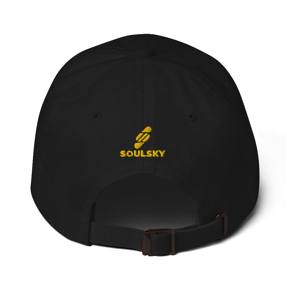 Back of black dad hat with a yellow embroidered logo that says "SOULSKY".