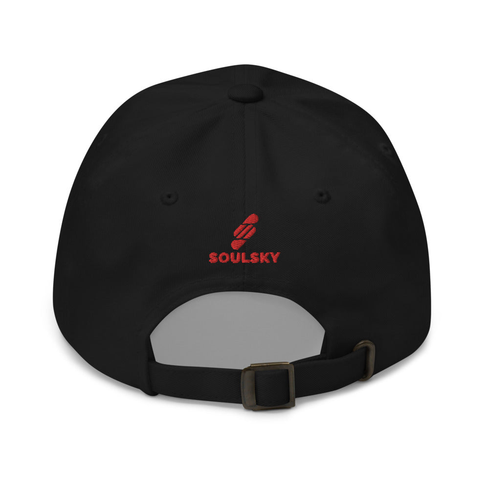 Back of black dad hat. There's an embroidered logo that says "SOULSKY".