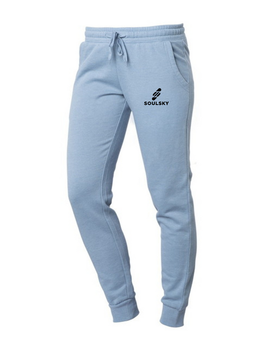 Light blue women's joggers with black embroidered logo on left thigh that says "SOULSKY".