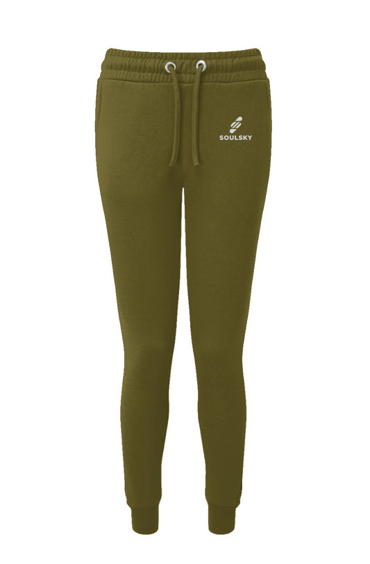 Olive green women's joggers with black embroidered logo on left thigh that says "SOULSKY".