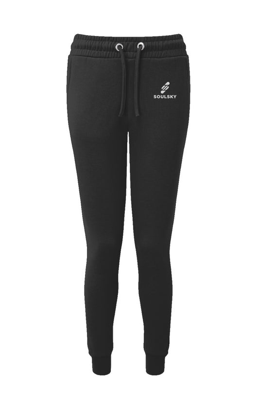 Black colored women's joggers with white embroidered logo on left thigh that says "SOULSKY".