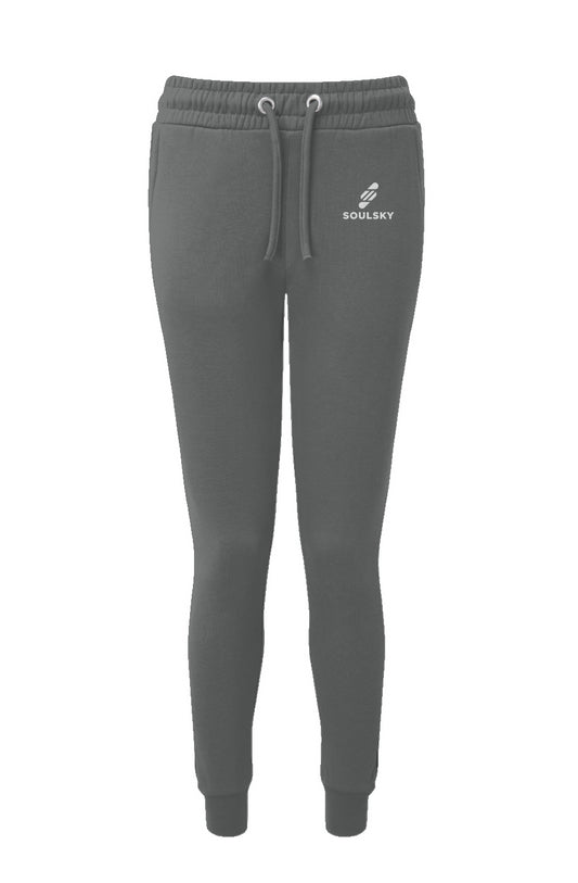 Charcoal gray women's joggers with white embroidered logo on left thigh that says "SOULSKY".