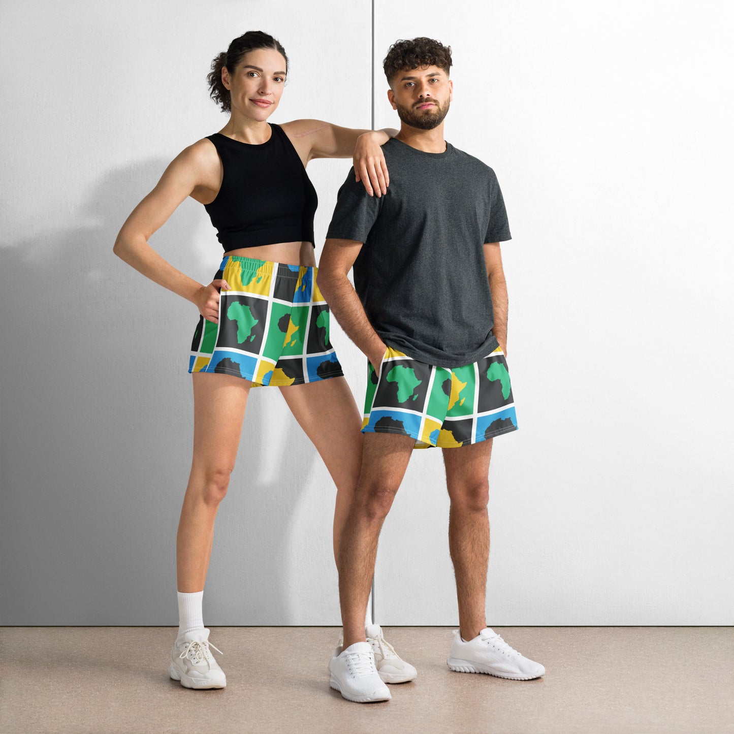 AFRICA WARHOL All-Over Print Unisex Athletic Shorts (Blue, Green, Yellow)