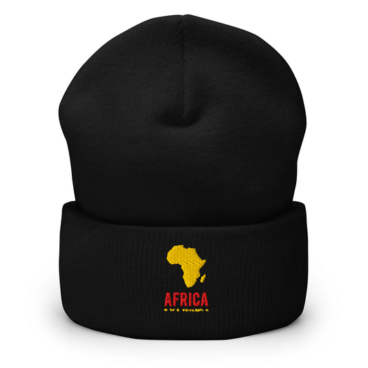 Black cuffed beanie with an embroidered design. There's a yellow shape of Africa with text under that says 'Africa' in red and 'Mother of Civilization' in yellow text. 