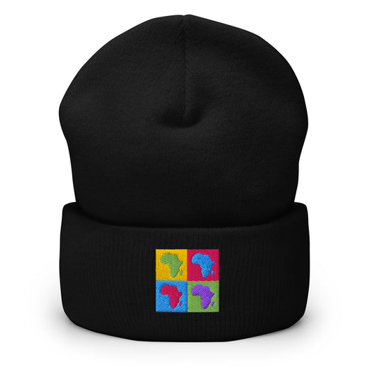 Black cuffed beanie. There's an embroidered design of a yellow, pink, blue, and green square with the shape of Africa in green, blue, pink and purple in each one.