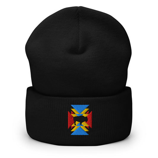 Black cuffed beanie. There's an embroidered design  of a black bull in the middle surrounded by red, yellow, and blue triangles. 