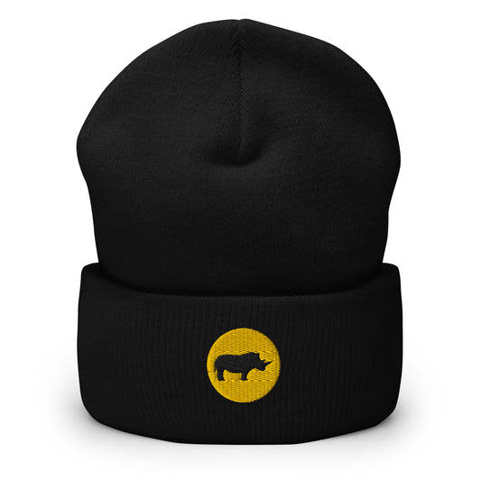 Black cuffed beanie with an embroidered design. There's a black rhino in a yellow circle.