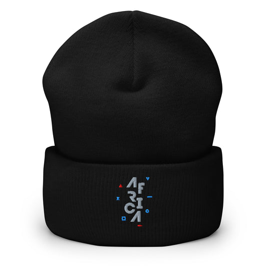 Black cuffed beanie. There's an embroidered design of gray text that says 'AFRICA' vertically. There's red and blue shapes around it.