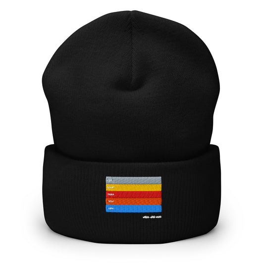 Black cuffed beanie with an embroidered design. There's a gray, yellow, red, orange, and blue stripe.