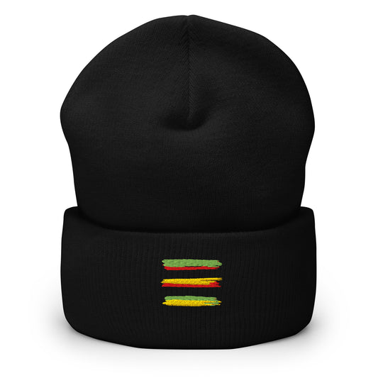 Black cuffed beanie with an embroidered design. There are red, green, and yellow streaks.