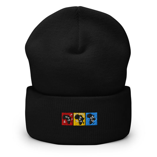 Black cuffed beanie with an embroidered design. There's a row of 3 boxes - red, yellow, and blue. And in each one there's a shape of Africa in each one.