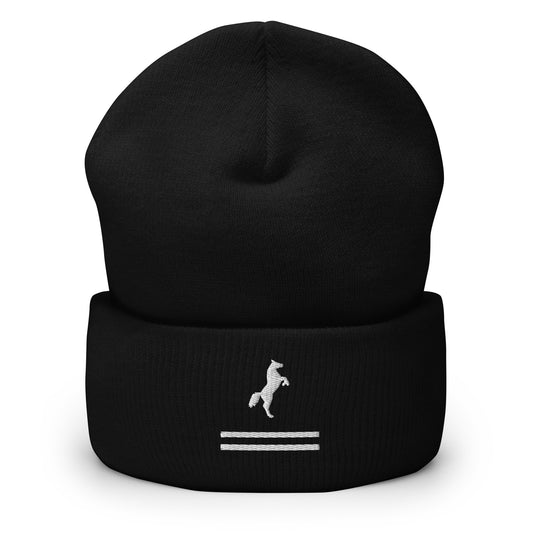 Black cuffed beanie with an embroidered design. There's a white horse jumping up over 2 white lines.