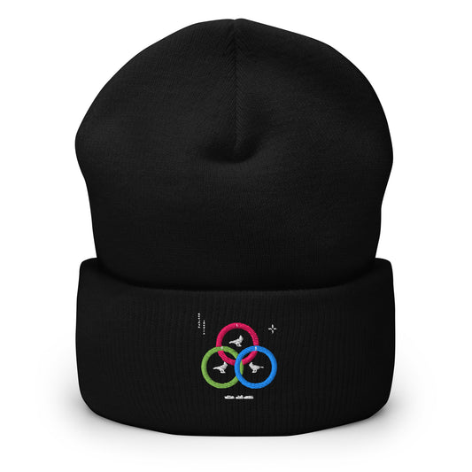 Black cuffed beanie with an embroidered design. Line circles that are intertwined. They are light blue, green, pink with birds in the middle of each one. There are white shapes around.