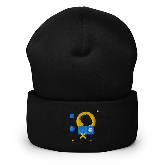 Black cuffed beanie with an embroidered design. Profile of a guy with dreads with a yellow circle behind, and blue and yellow shapes around.