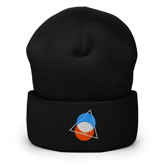 Black cuffed beanie with an embroidered design. Turquoise blue circle, orange circle, half white circle, and line triangle shape on top.