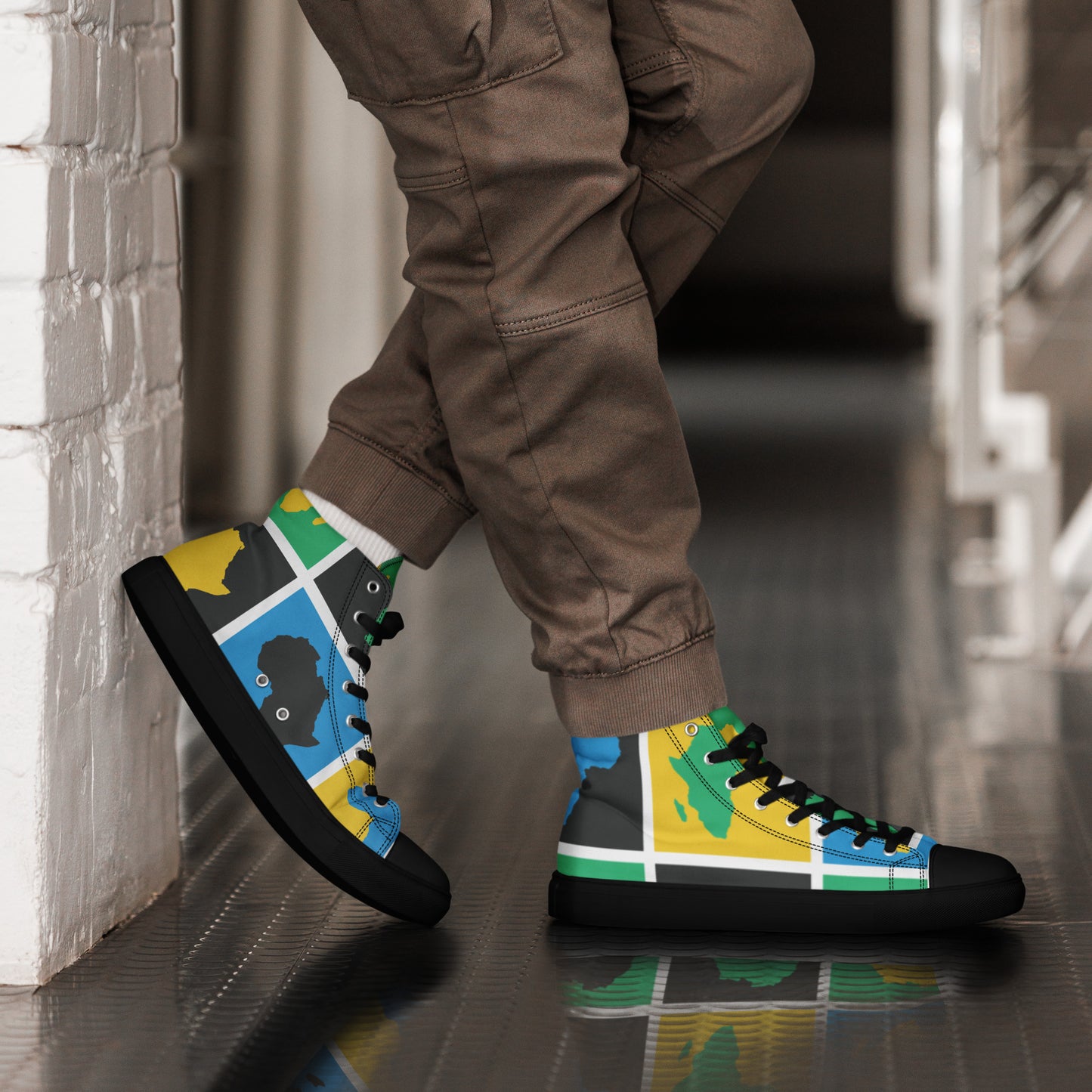 AFRICA WARHOL Men’s High Top Canvas Shoes (Yellow, Green, Turquoise)