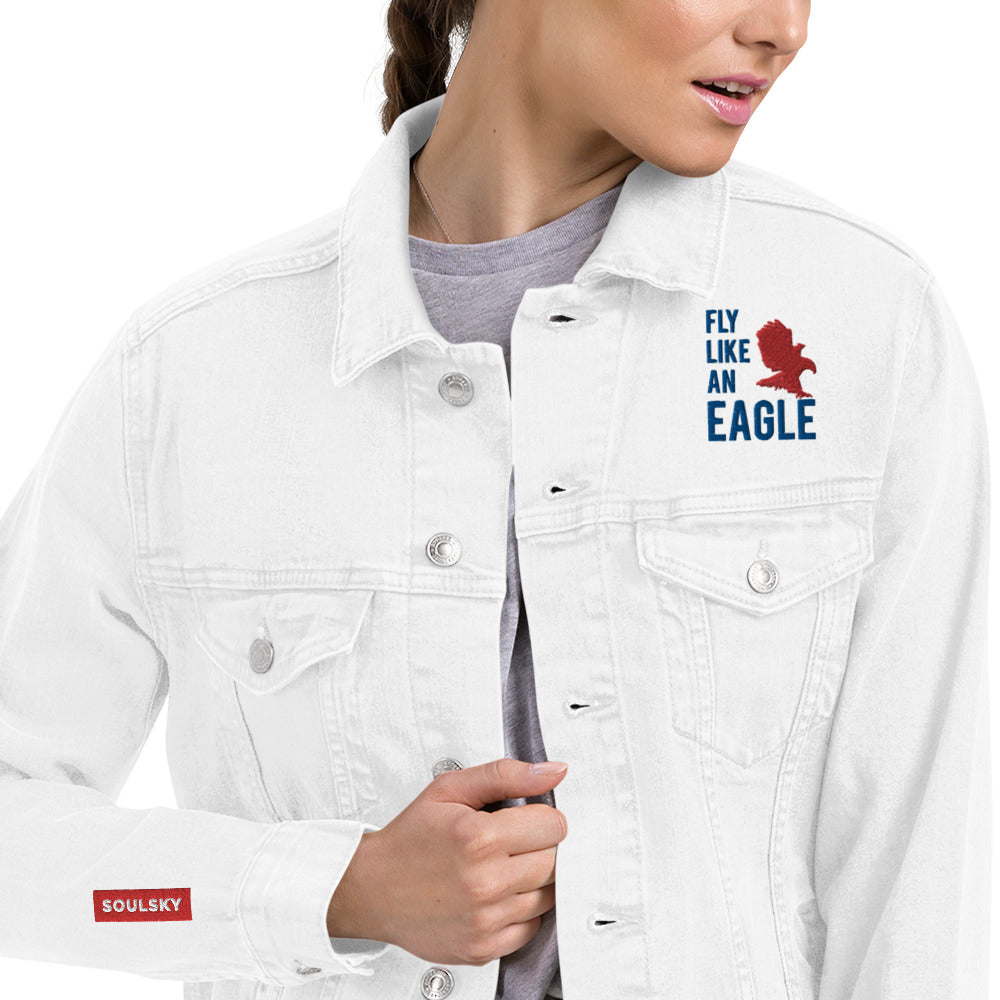 FLY LIKE AN EAGLE Unisex Denim Jacket (White)