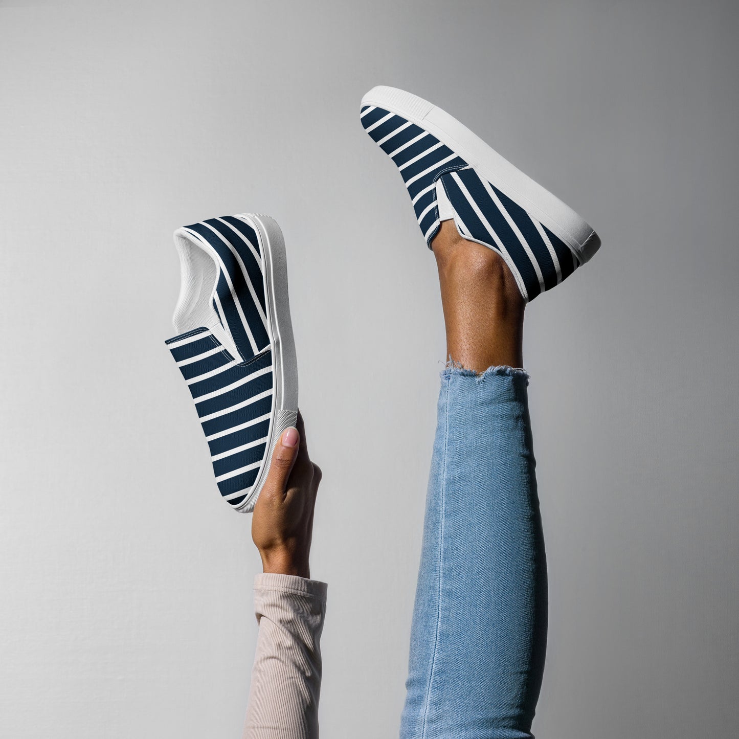 Women’s Slip-On Canvas Shoes (Navy Blue, White Stripes)