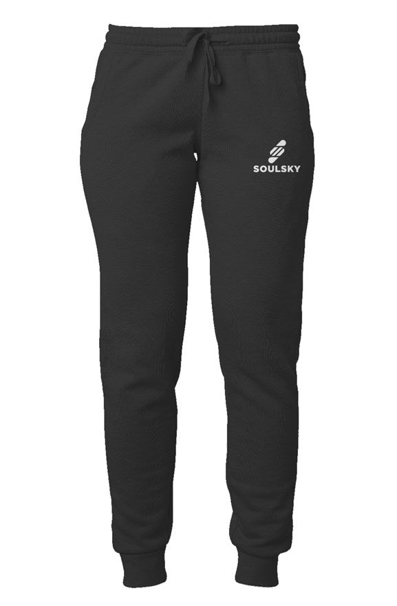 Front view of black women's joggers with white embroidered logo on left thigh that says "SOULSKY".