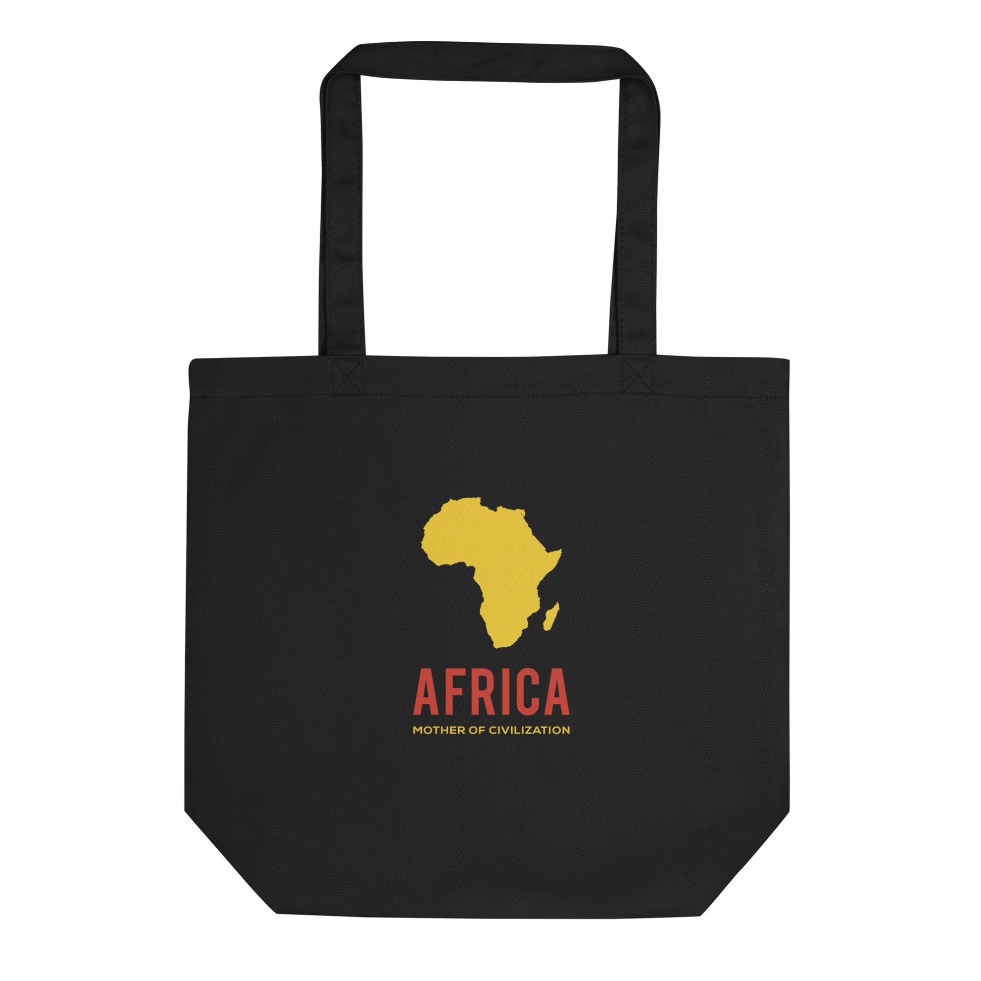 Black tote bag with yellow Africa shape and "Africa Mother of Civilization" written under in yellow and red text.