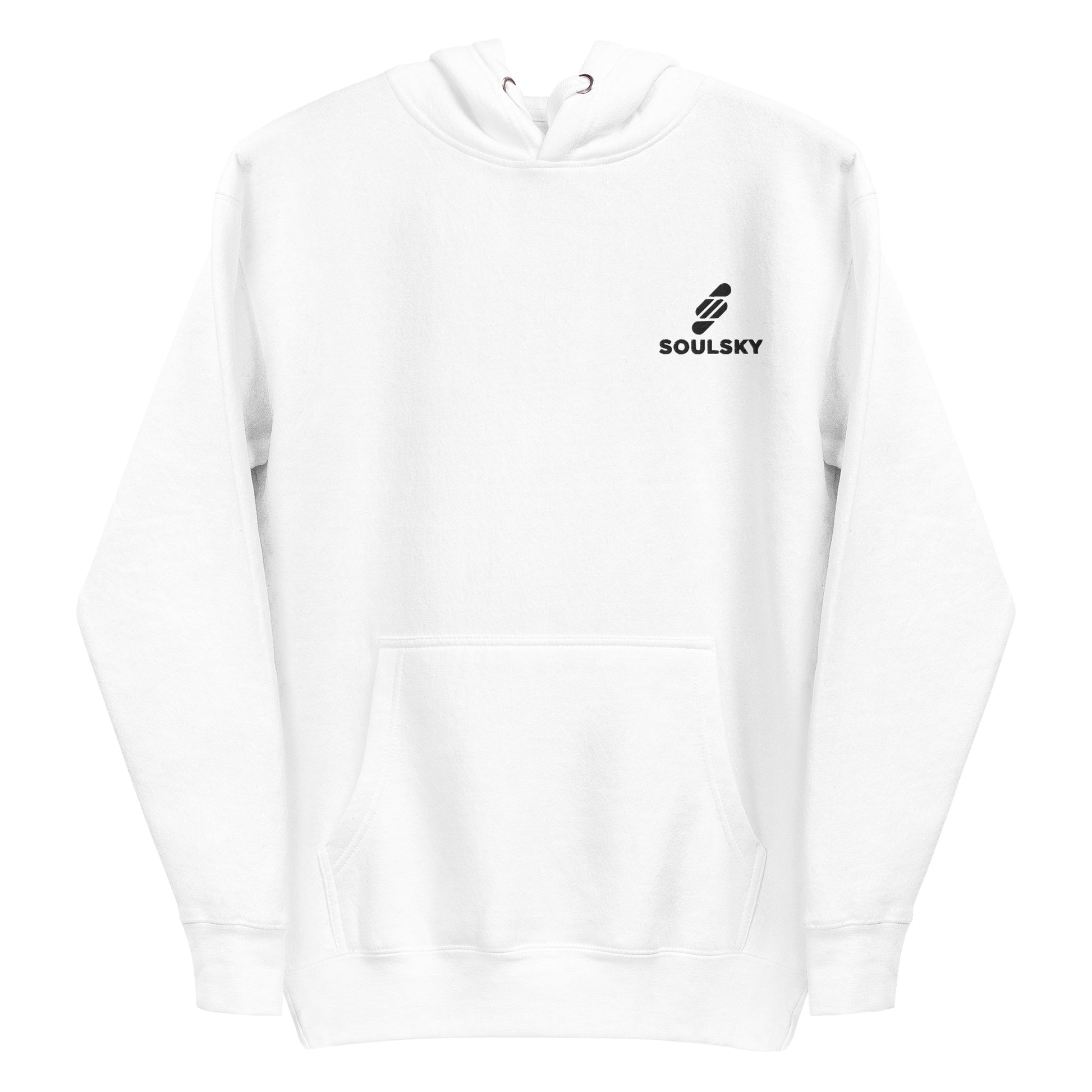White hoodie with white embroidered logo on the upper left side that says 'SOULSKY'. Pic 2.