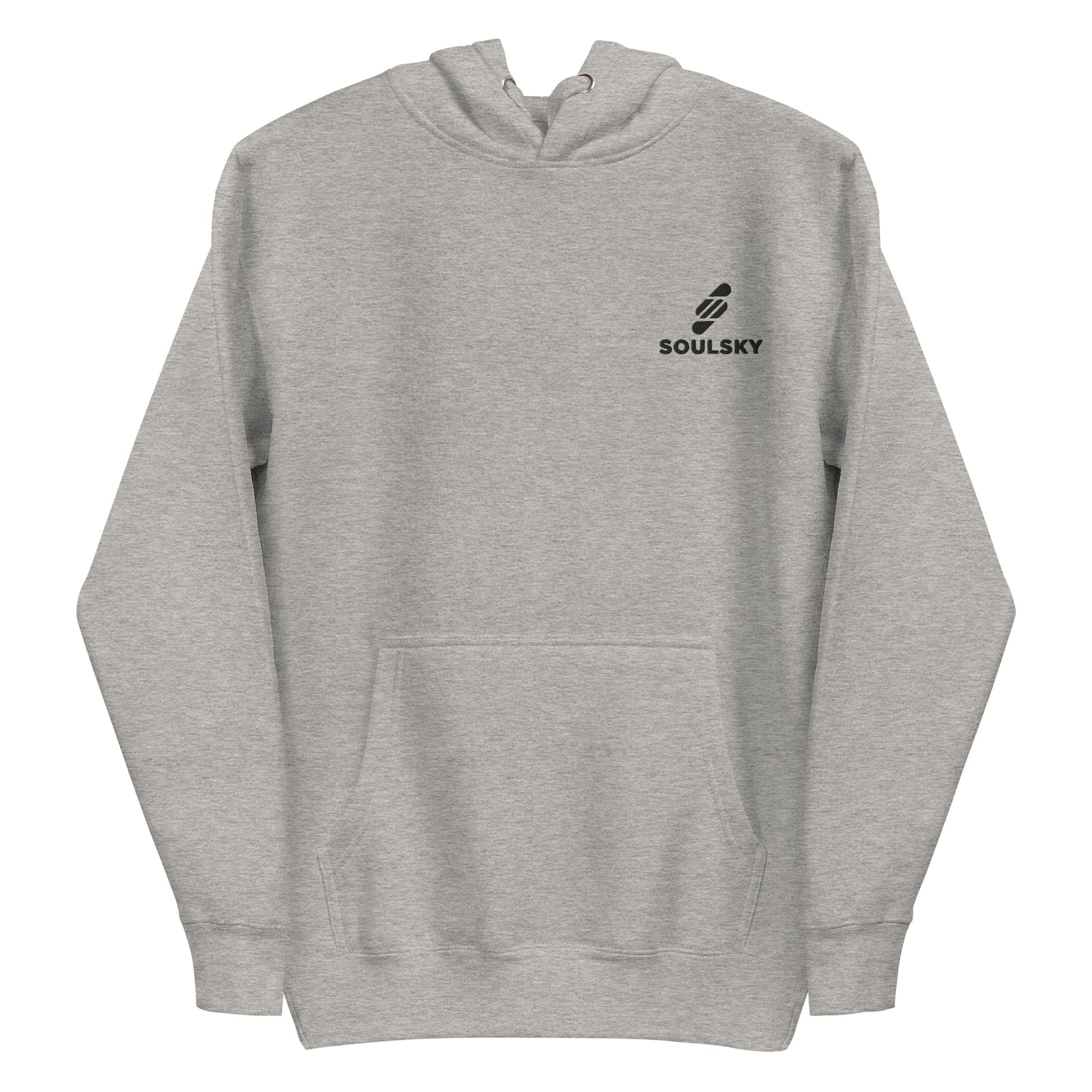 Light gray hoodie with black embroidered logo on the upper left side that says 'SOULSKY'. Pic 2.