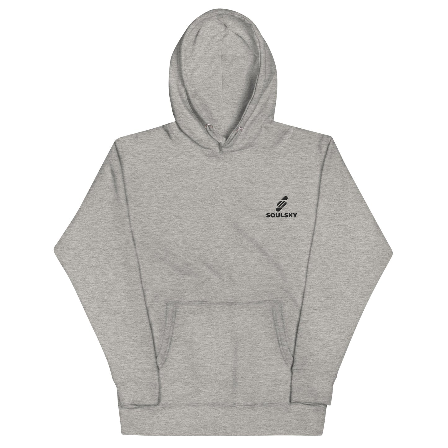 Light gray hoodie with black embroidered logo on the upper left side that says 'SOULSKY'. Hood up.
