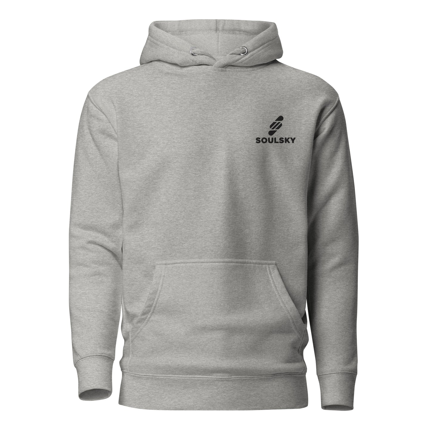 Light gray hoodie with black embroidered logo on the upper left side that says 'SOULSKY'.