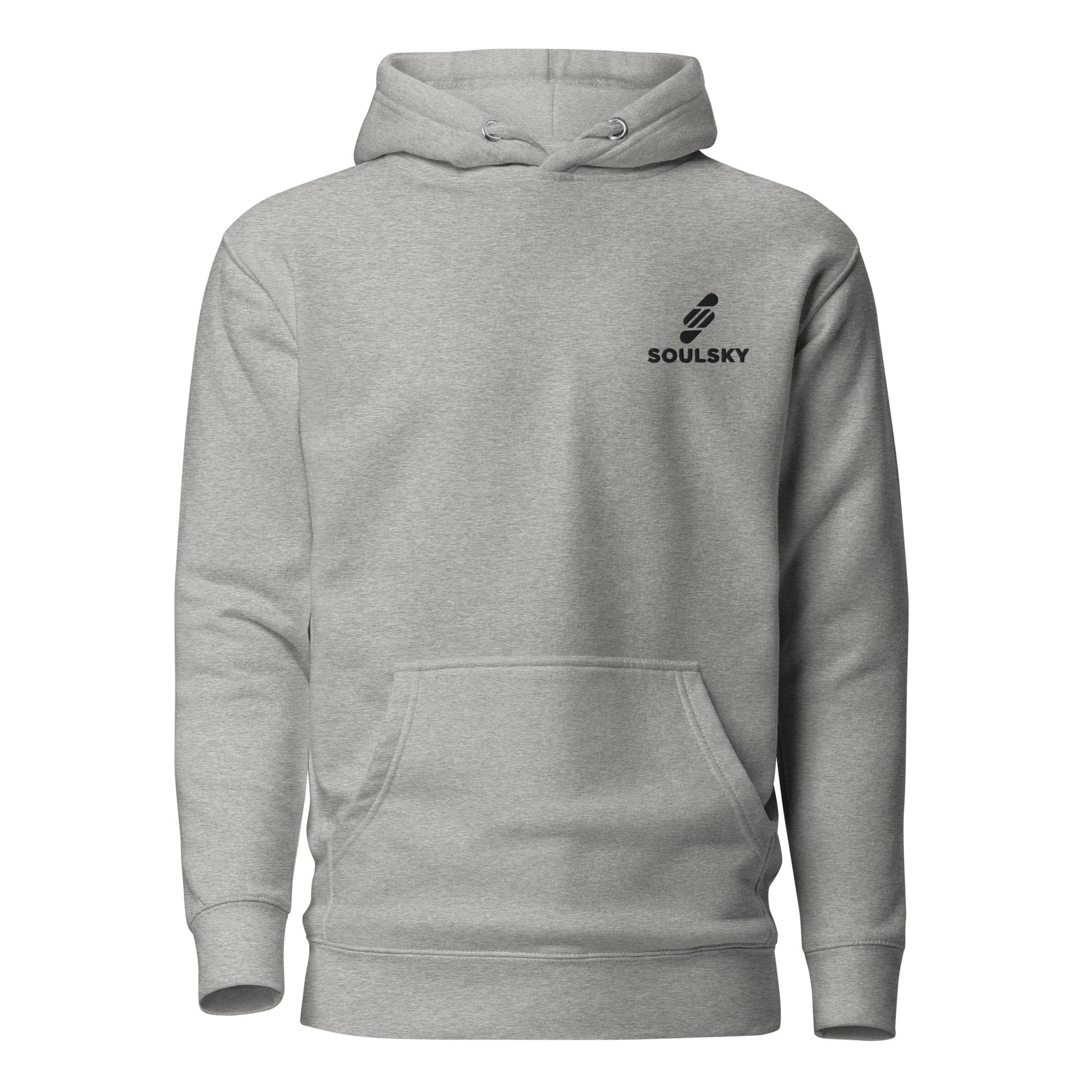 Light gray hoodie with black embroidered logo on the upper left side that says 'SOULSKY'.