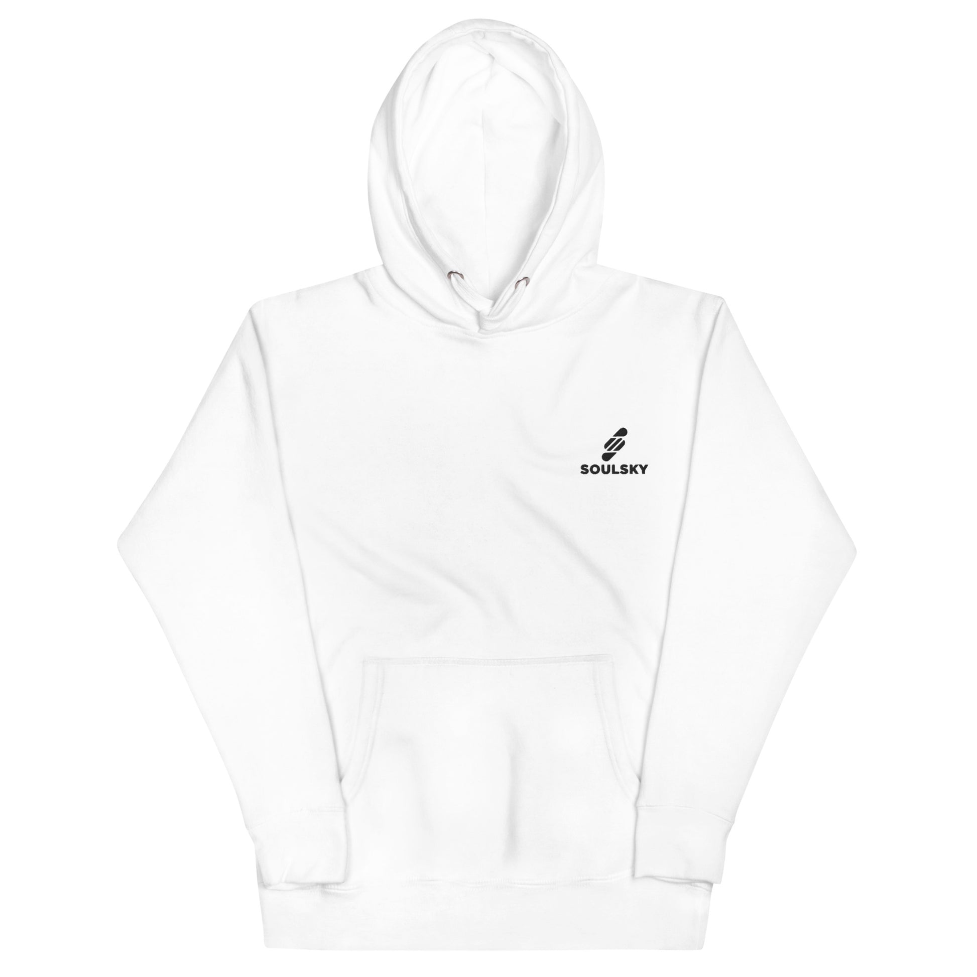 White hoodie with white embroidered logo on the upper left side that says 'SOULSKY'. Pic 2.