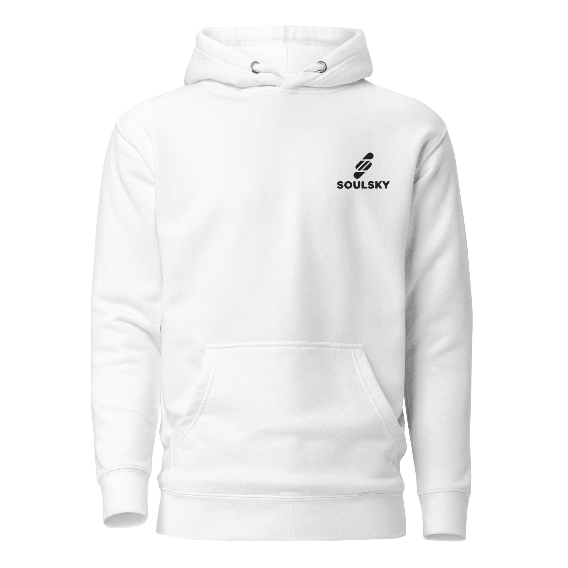 White hoodie with white embroidered logo on the upper left side that says 'SOULSKY'.