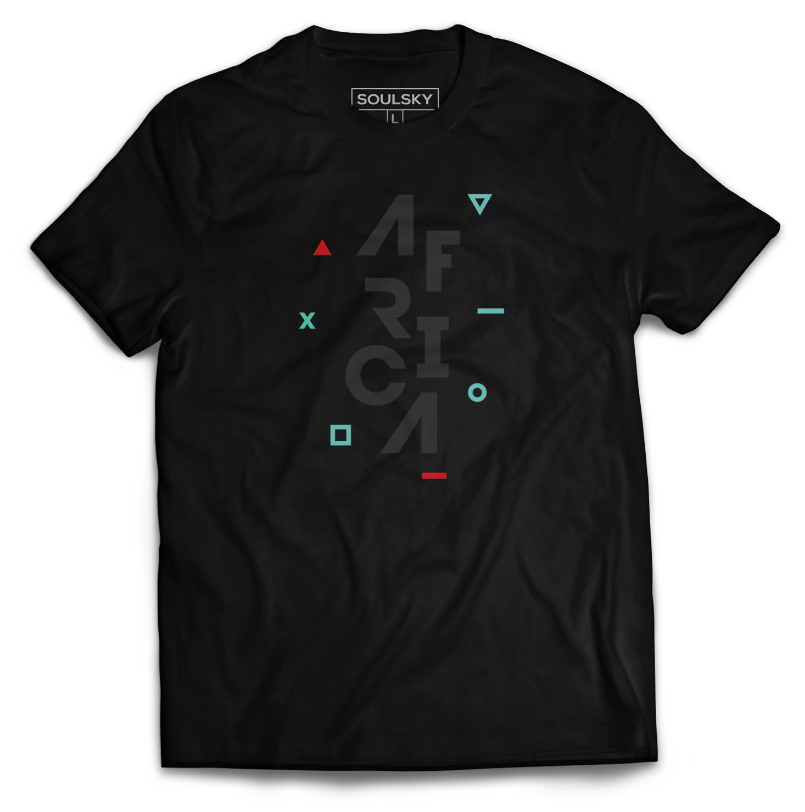 Black t-shirt that says "Africa" in dark gray text. There are turquoise and red shapes around it.