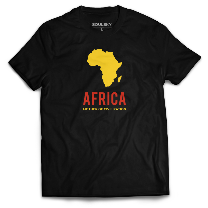 Black t-shirt with yellow Africa shape and "Africa Mother of Civilization" written under in yellow and red text.